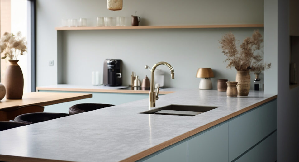 Tidy kitchen worktop with a coffee machine, sink and clear preparation space
