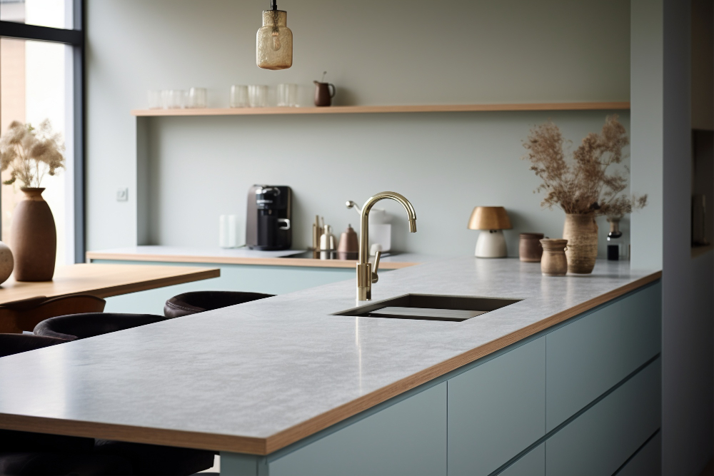 Tidy kitchen worktop with a coffee machine, sink and clear preparation space