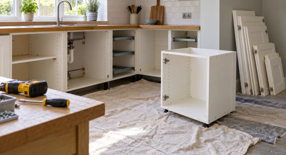 Kitchen renovation with removed cabinet doors and a detached base unit