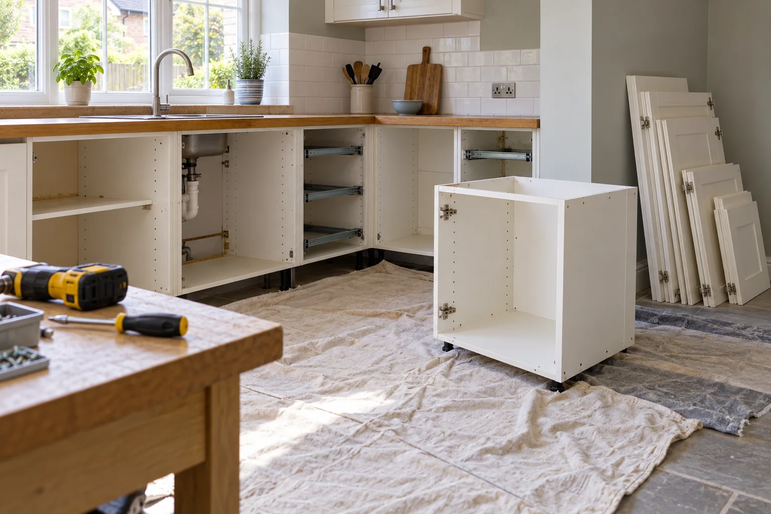 Kitchen renovation with removed cabinet doors and a detached base unit
