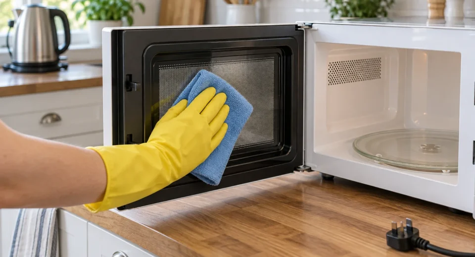 Wiping the inside of an open microwave door with a cloth