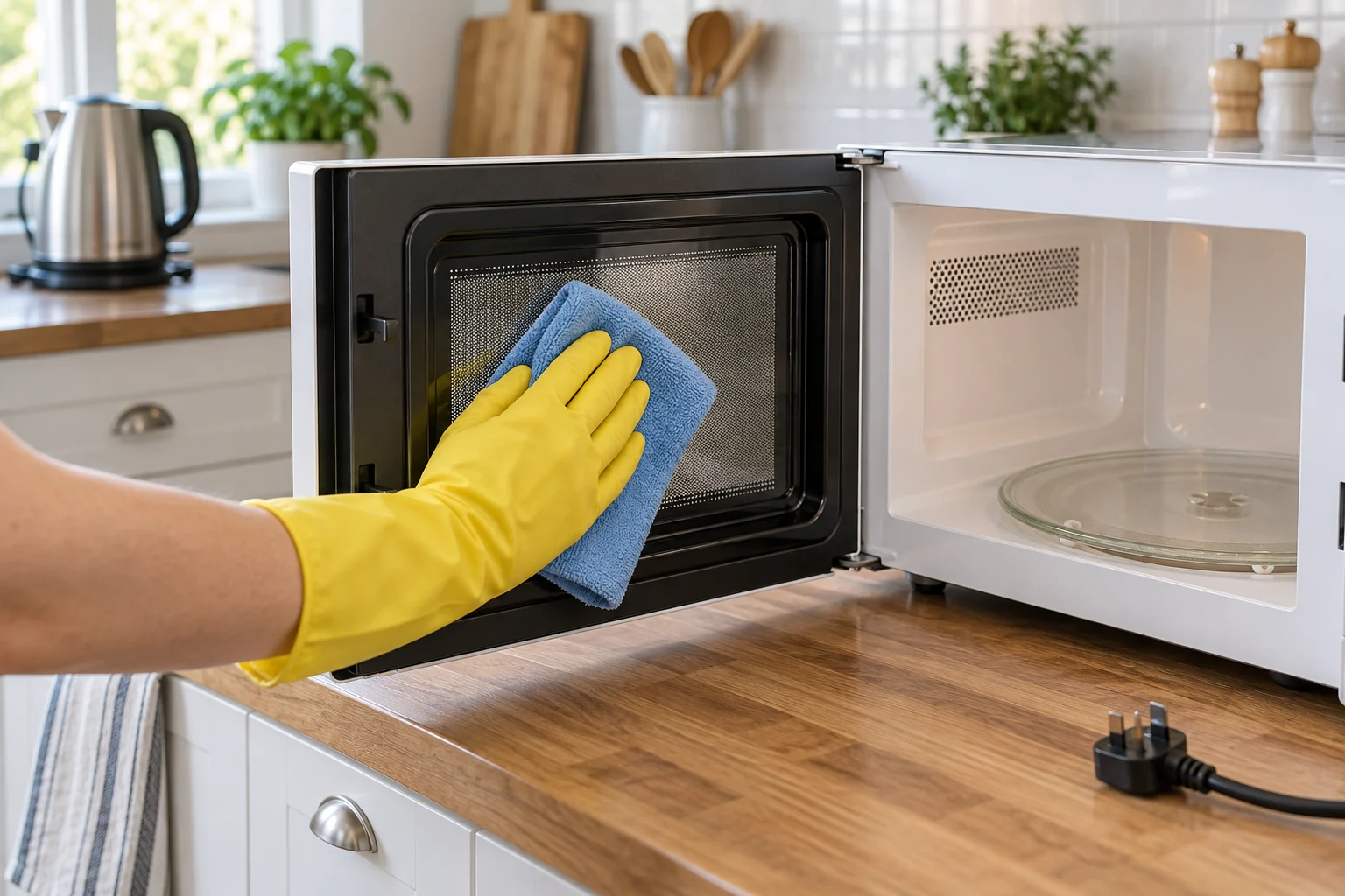 Wiping the inside of an open microwave door with a cloth