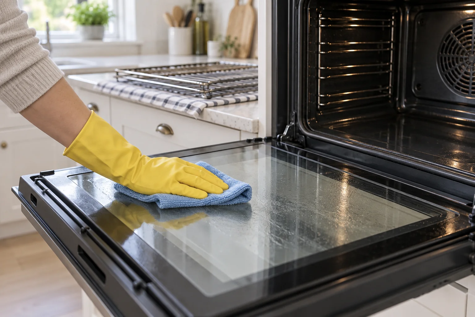 Cleaning the glass of an open oven door