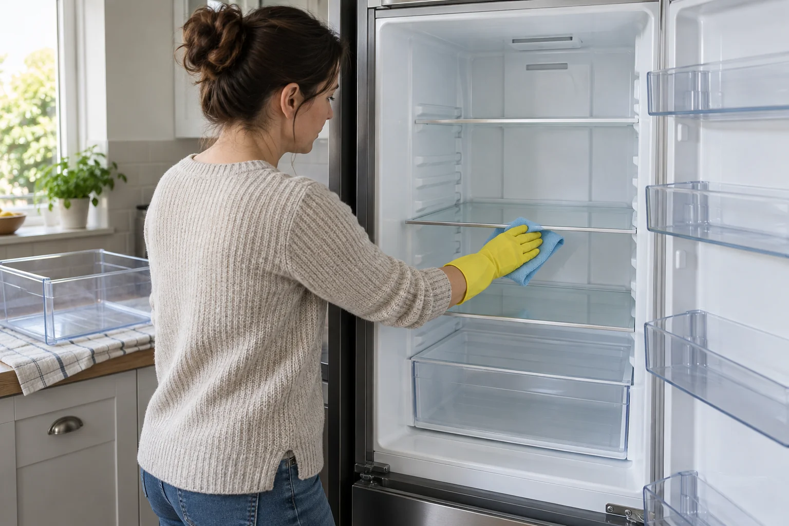 Wiping an empty fridge shelf