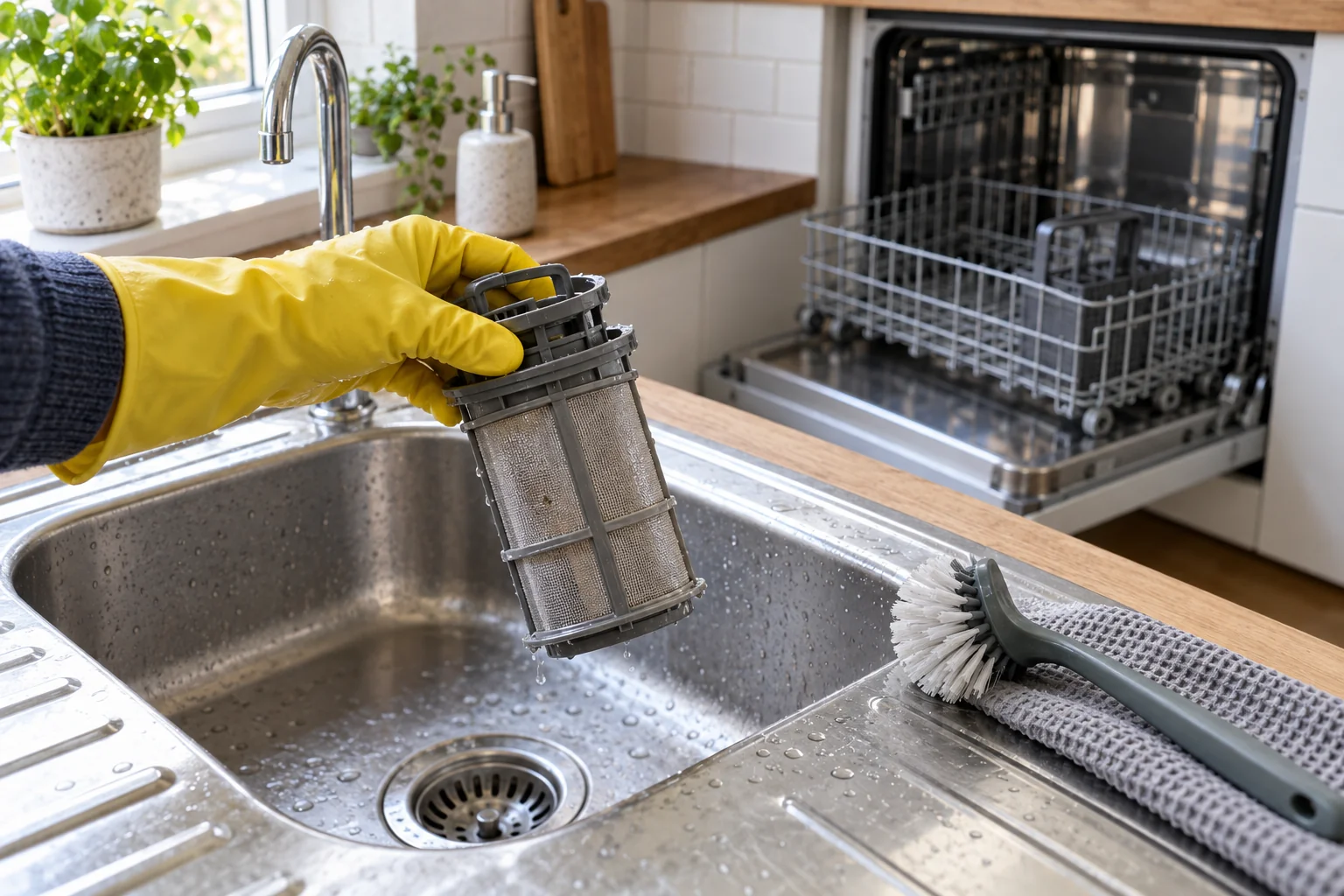 Dishwasher filter held over a sink for cleaning