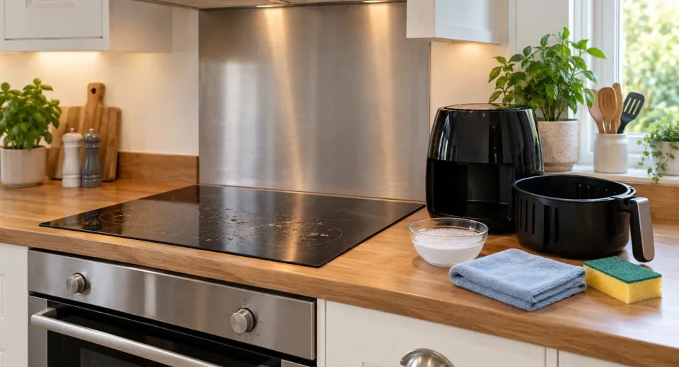 Kitchen hob, oven and air fryer with a microfibre cloth, sponge and bowl of soapy water