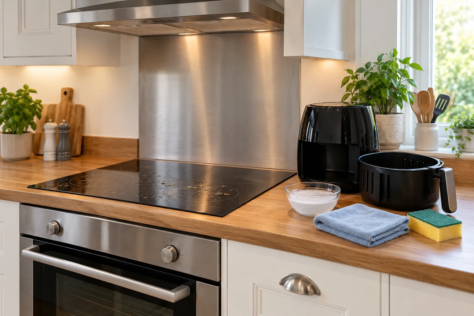 Kitchen hob, oven and air fryer with a microfibre cloth, sponge and bowl of soapy water