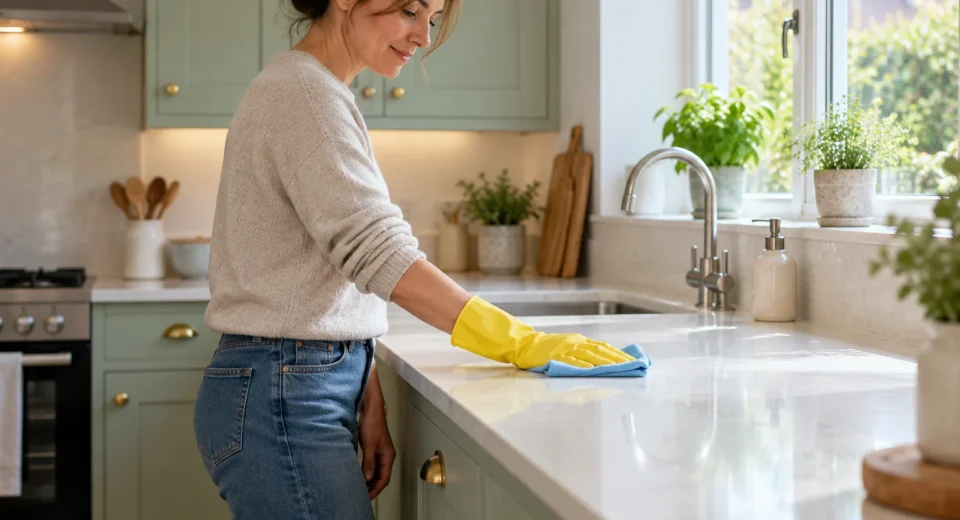 Wiping a kitchen worktop with a microfibre cloth