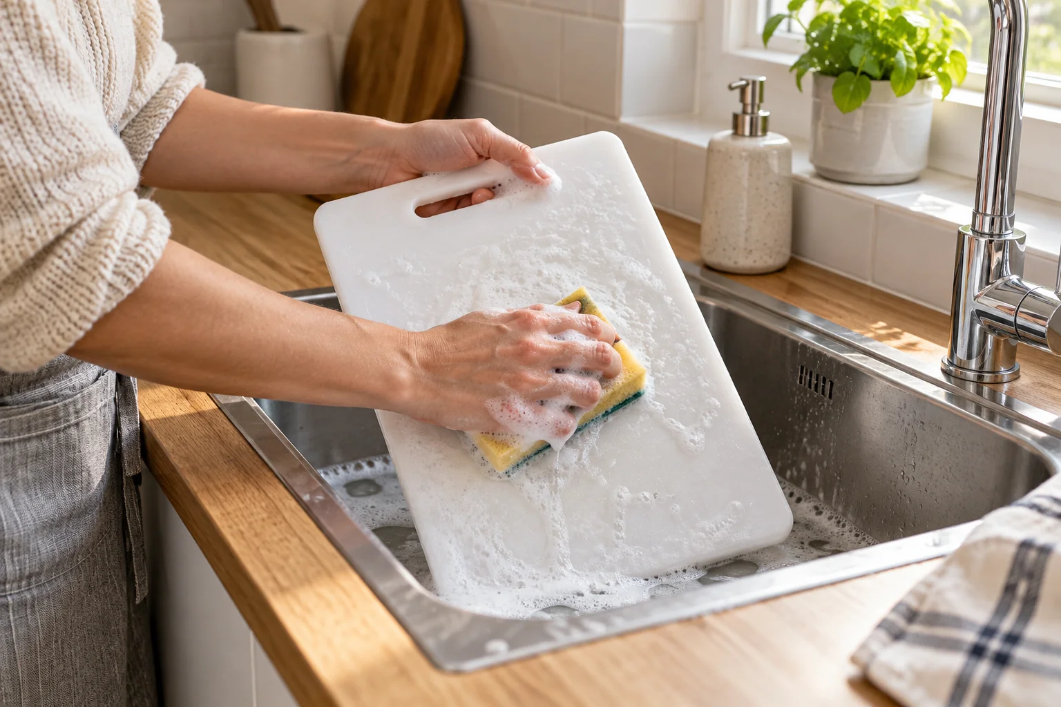 Washing a chopping board with soapy water in a kitchen sink