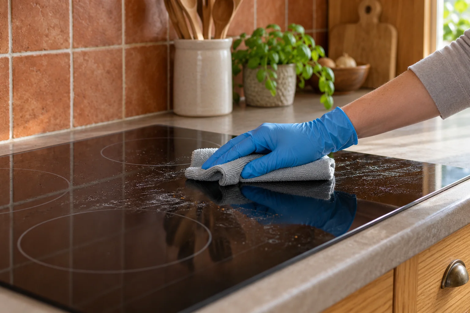 Cleaning a cool induction hob with a soft cloth