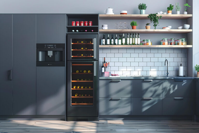 Dark grey kitchen cabinetry with integrated appliances and open wooden shelving