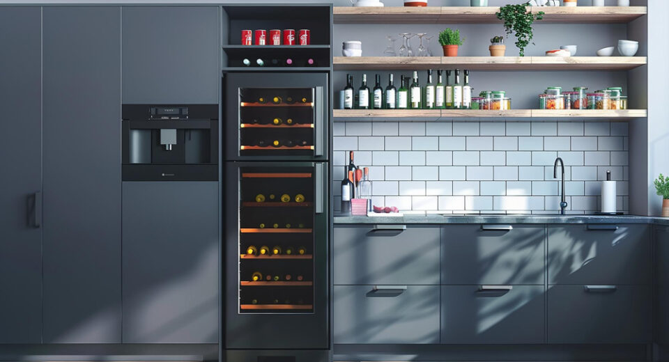 Dark grey kitchen cabinetry with integrated appliances and open wooden shelving