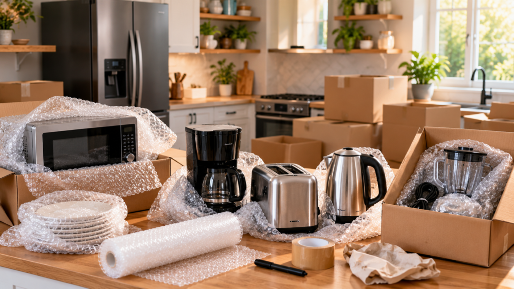 Microwave, coffee machine, toaster, kettle and blender with bubble wrap and moving boxes in a kitchen