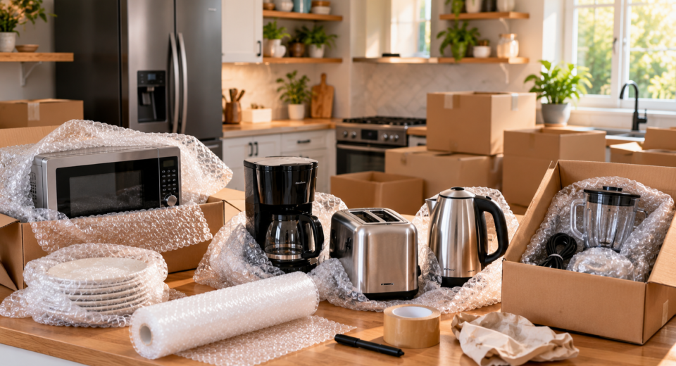 Microwave, coffee machine, toaster, kettle and blender with bubble wrap and moving boxes in a kitchen