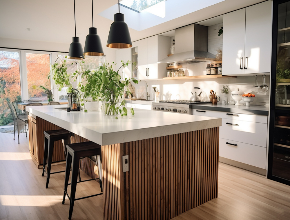 Open-plan kitchen with white cabinets, wood island and black pendant lights