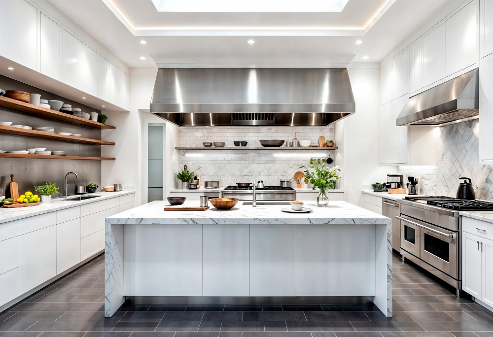 White kitchen cabinets with a large stainless-steel range hood and island