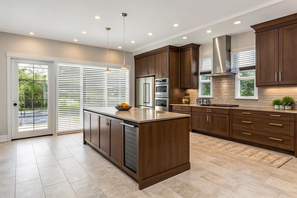 Dark wood kitchen cabinetry with an island and stainless-steel appliances