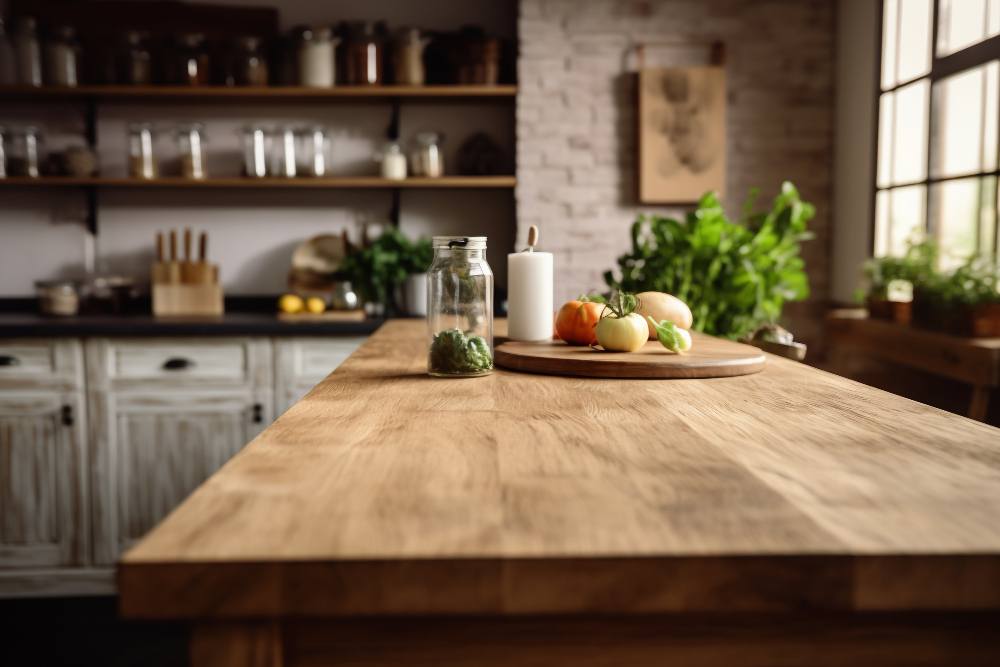 Wooden kitchen island with an open food preparation area