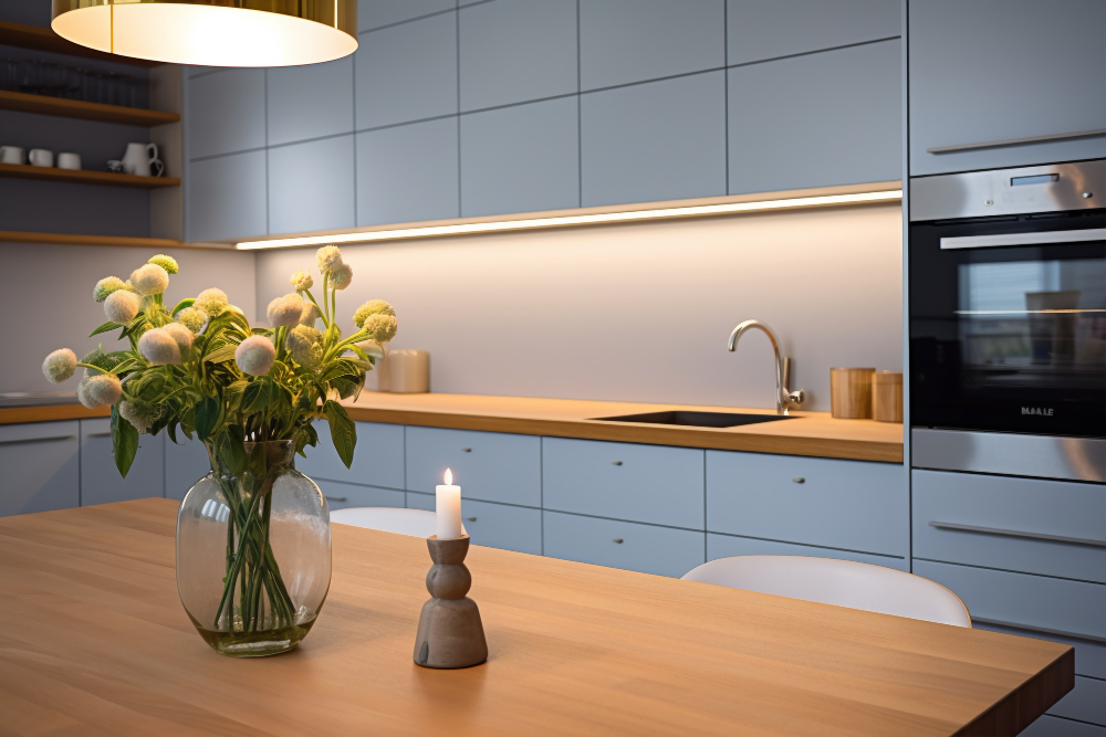 Blue kitchen cabinets with a wooden worktop and under-cabinet lighting