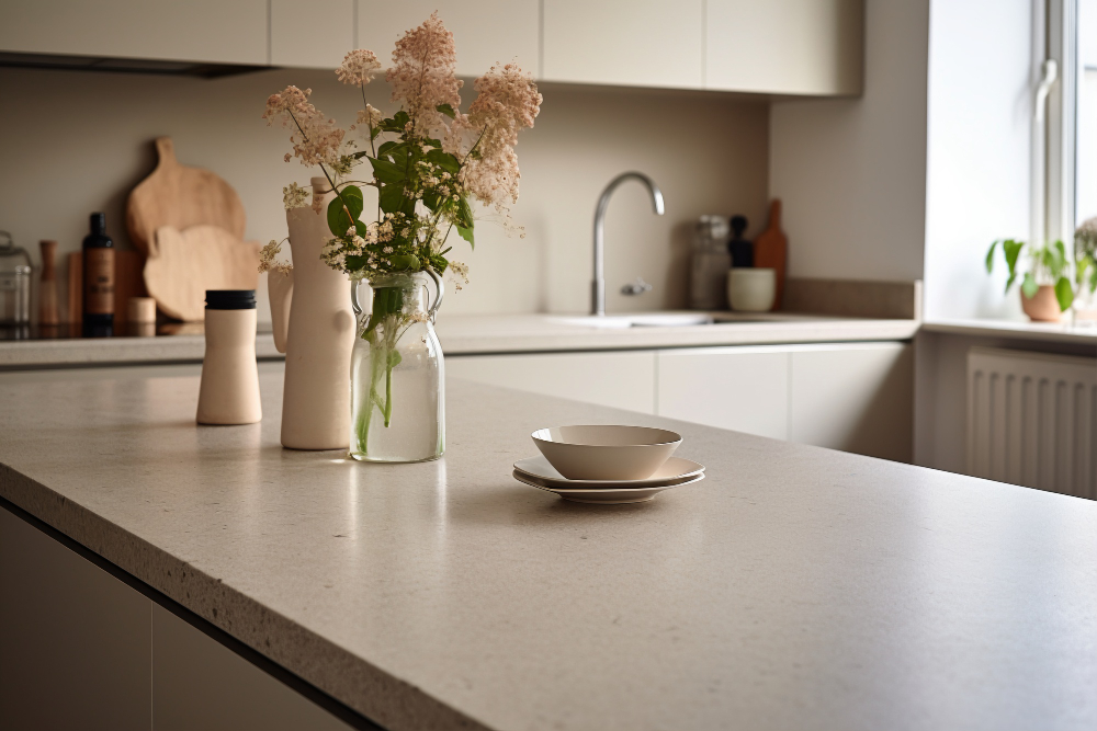 Light kitchen island with a clear surface and a vase of flowers