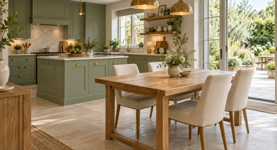 Oak dining table and cream chairs in a sage green Shaker kitchen
