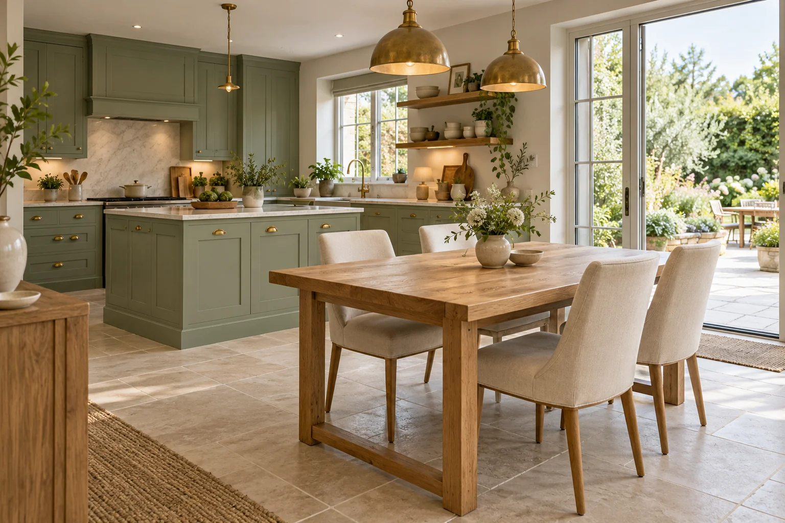 Oak dining table and cream chairs in a sage green Shaker kitchen