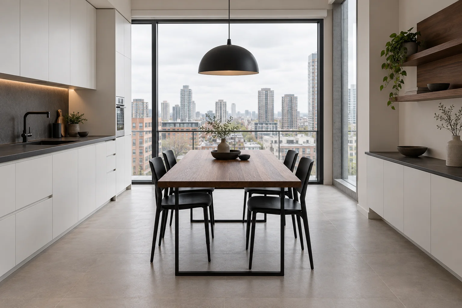 Walnut table with black chairs in a modern white apartment kitchen