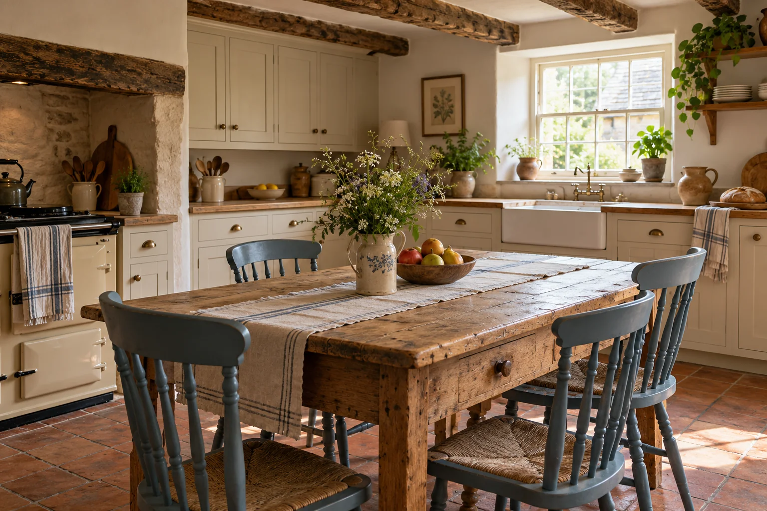 Rustic pine farmhouse table with blue chairs in a cream cottage kitchen