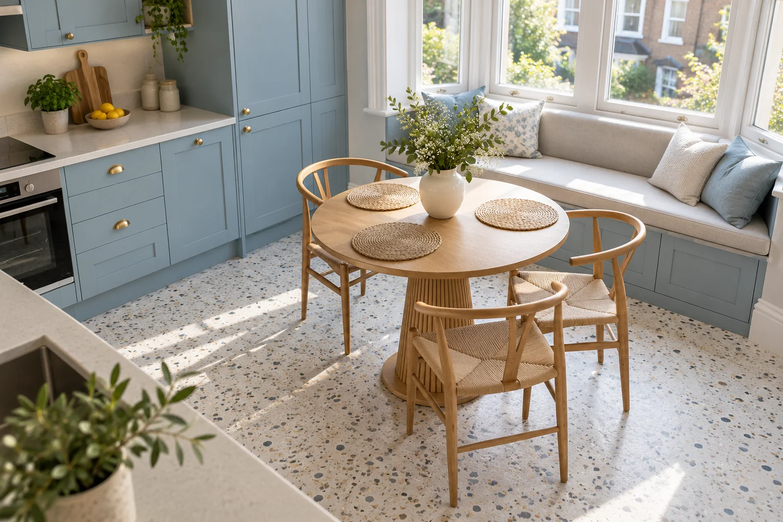 Round oak pedestal table in a compact blue kitchen dining nook