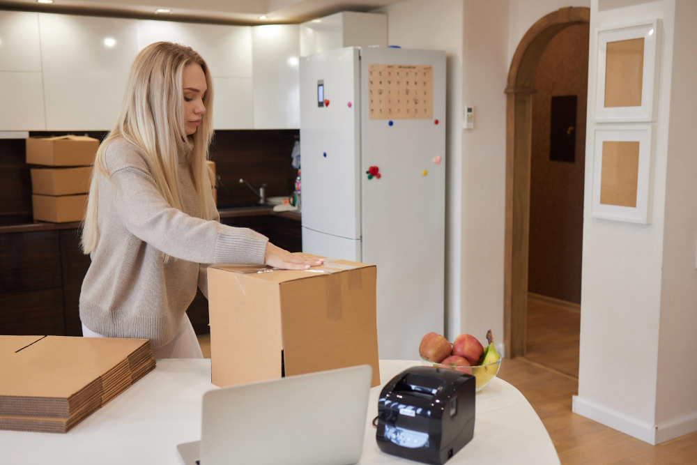 Woman sealing a moving box on a kitchen worktop