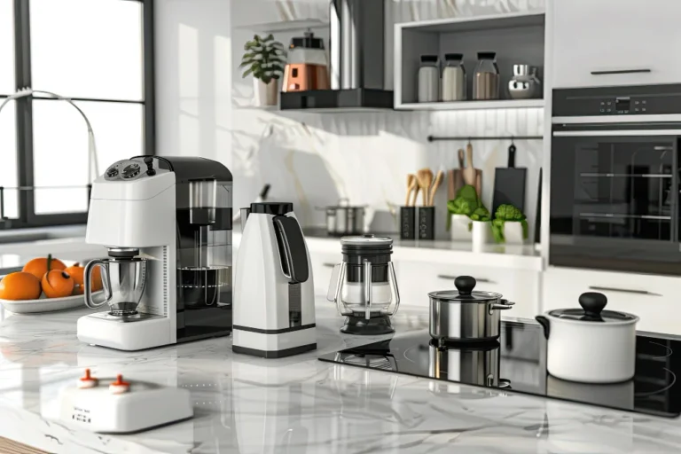 Coffee machine, kettle and other small appliances on a bright kitchen worktop