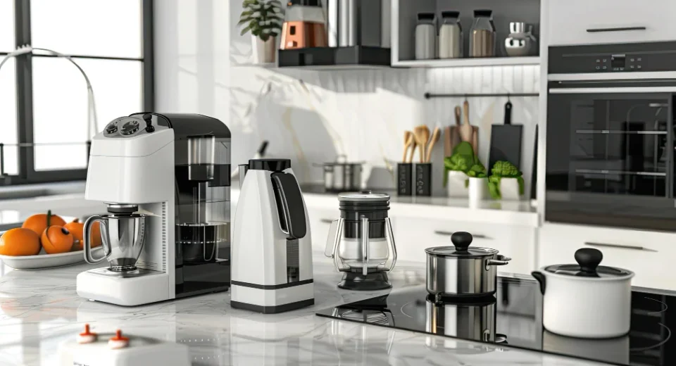 Coffee machine, kettle and other small appliances on a bright kitchen worktop