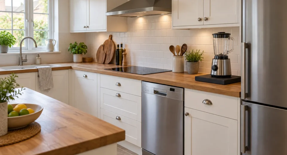 White kitchen with stainless steel appliances and a blender on a vibration-dampening mat