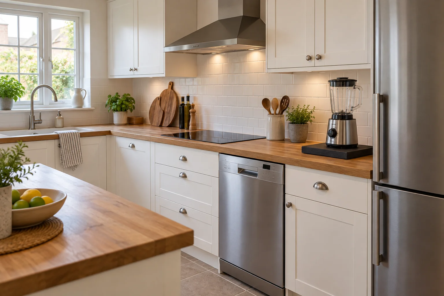 White kitchen with stainless steel appliances and a blender on a vibration-dampening mat