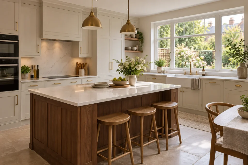 Renovated British kitchen with ivory cabinets and walnut island