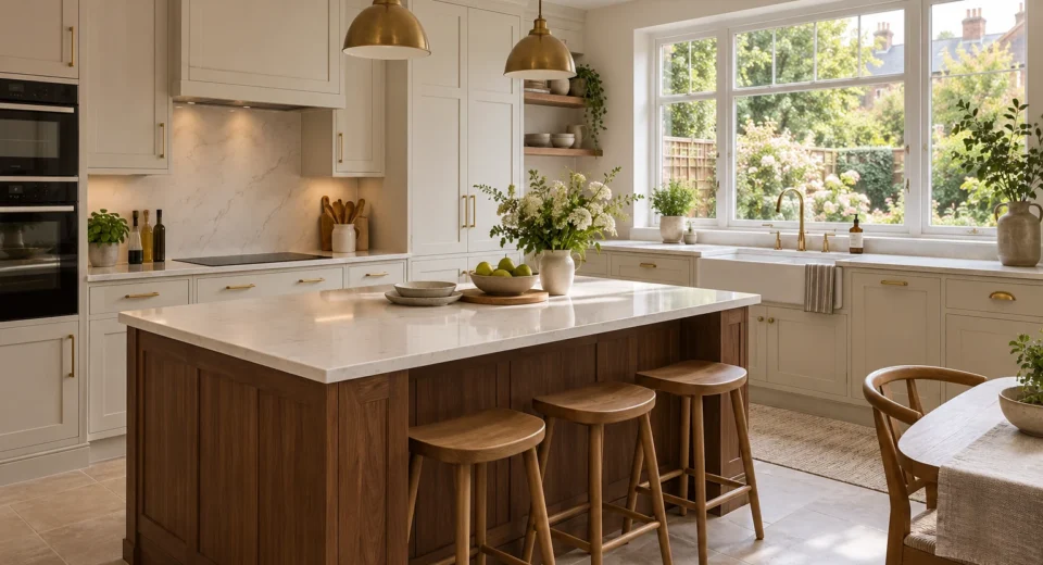 Renovated British kitchen with ivory cabinets and walnut island