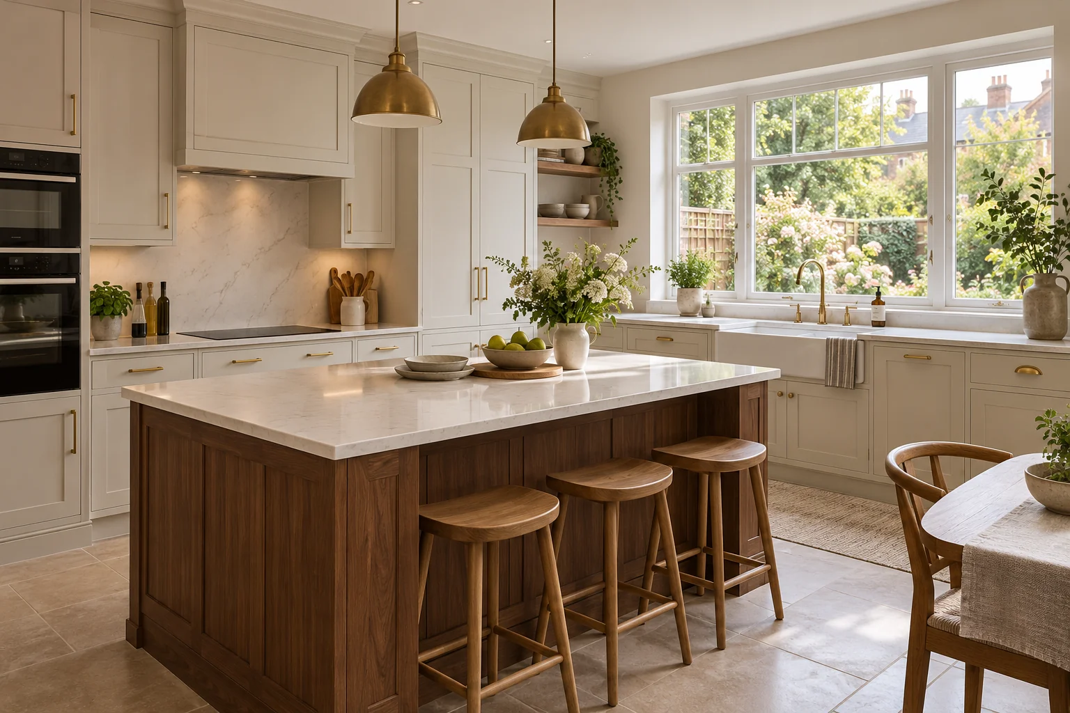 Renovated British kitchen with ivory cabinets and walnut island