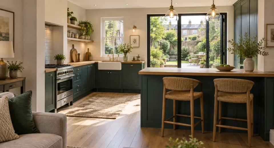 Renovated teal kitchen with a practical breakfast peninsula