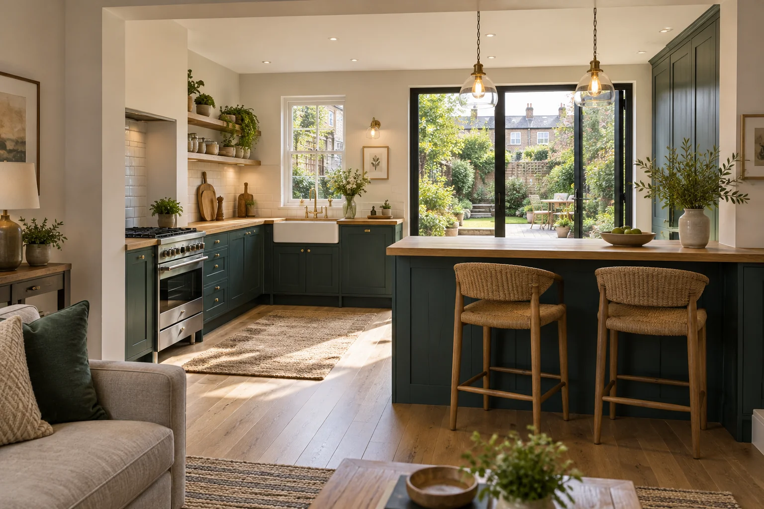 Renovated teal kitchen with a practical breakfast peninsula