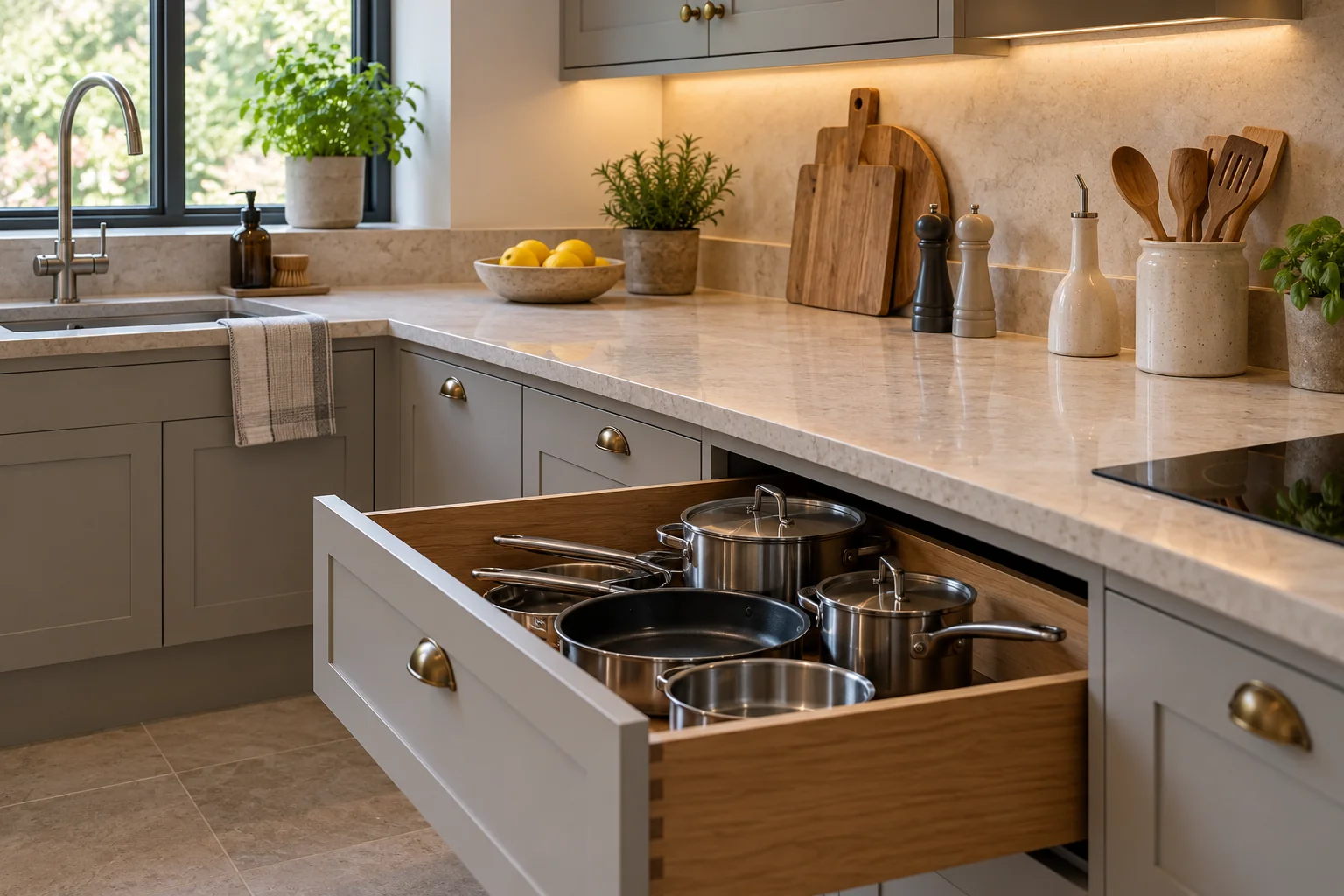 Clear kitchen worktop and organised pan drawer