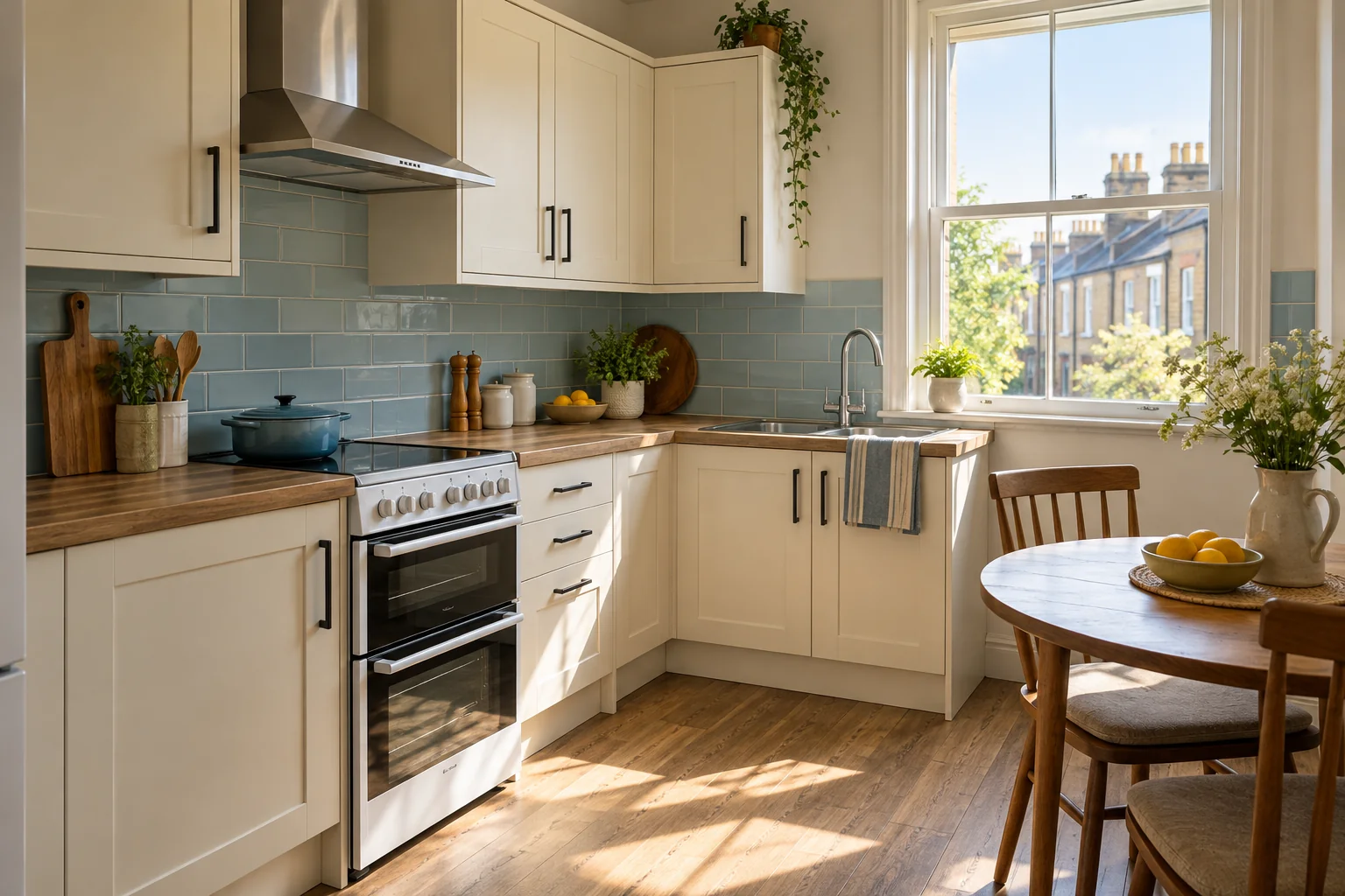 Modest terrace kitchen refreshed with cream cabinets and new handles