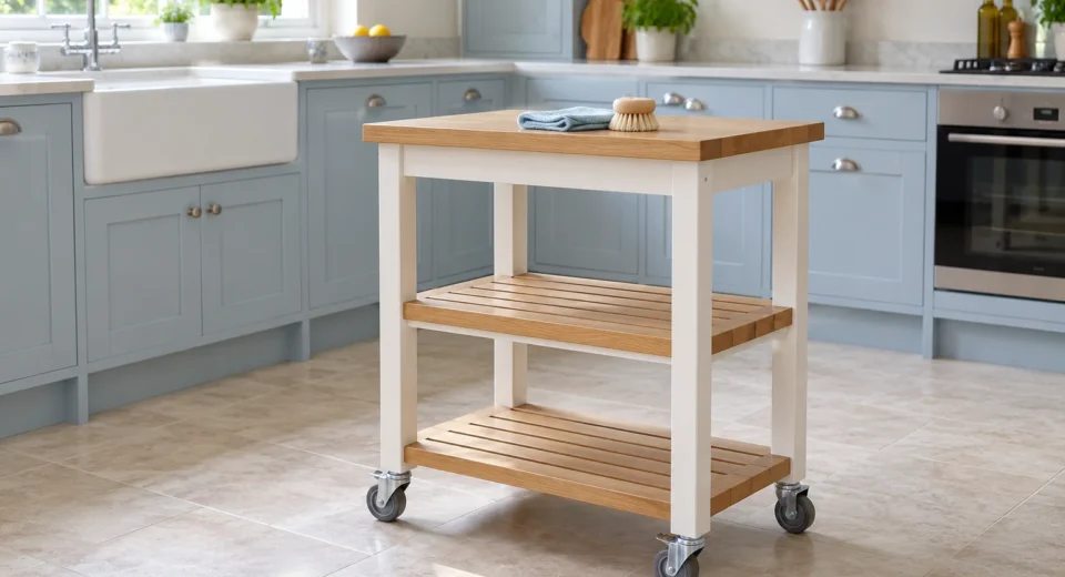 Empty kitchen trolley moved into a clear space for cleaning