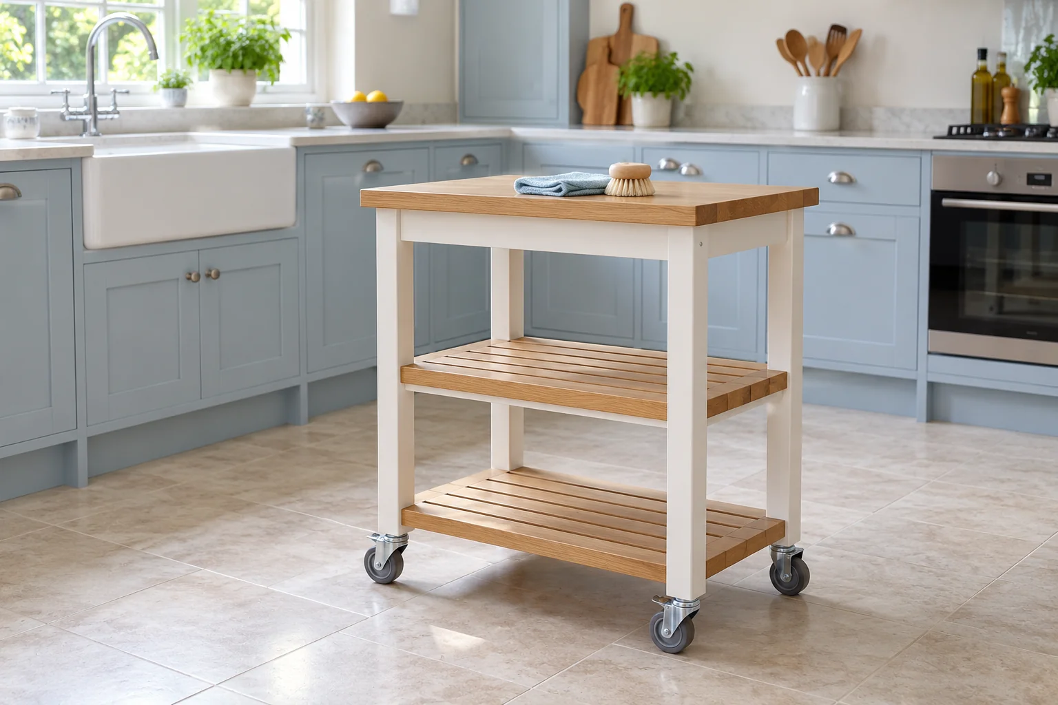 Empty kitchen trolley moved into a clear space for cleaning