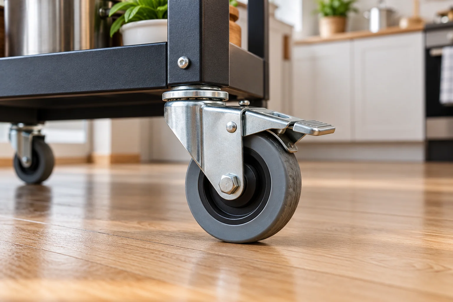 Kitchen trolley caster wheel and brake mechanism