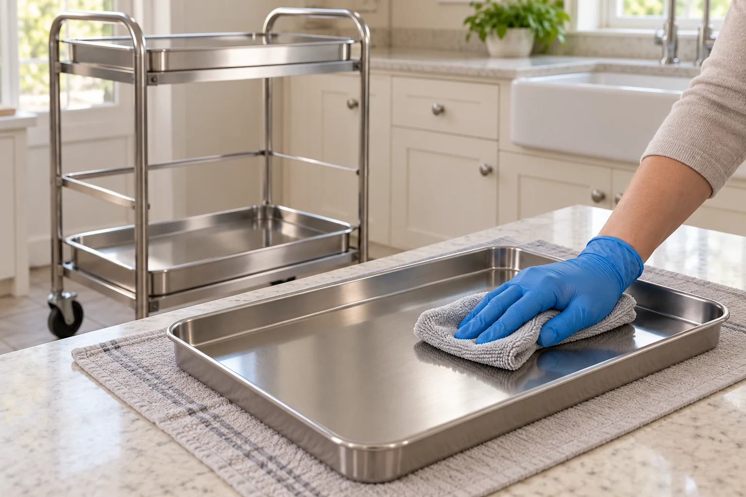 Wiping a removable kitchen trolley tray with a soft cloth