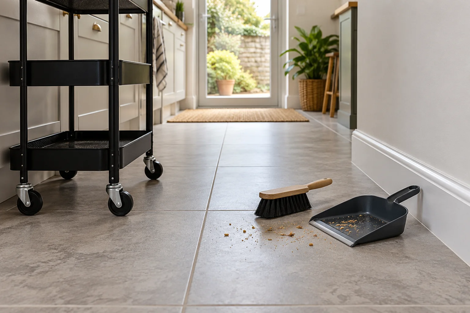 Cleaning crumbs from the floor after moving a kitchen trolley