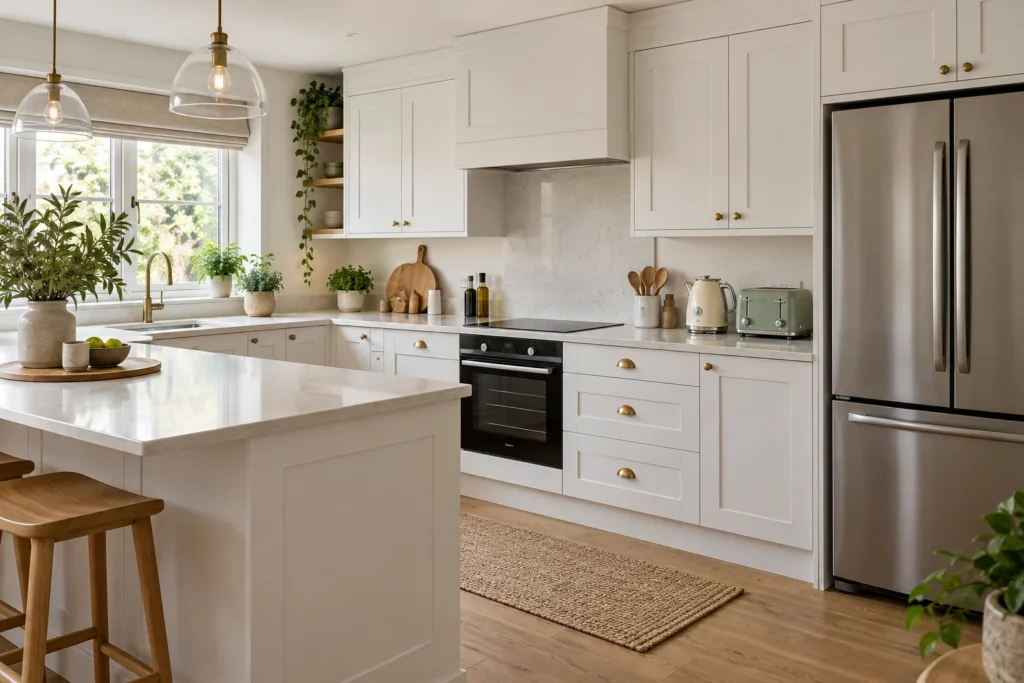 White Shaker kitchen with a stainless steel fridge, black oven, cream kettle and sage green toaster