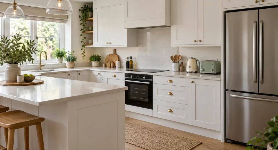 White Shaker kitchen with a stainless steel fridge, black oven, cream kettle and sage green toaster
